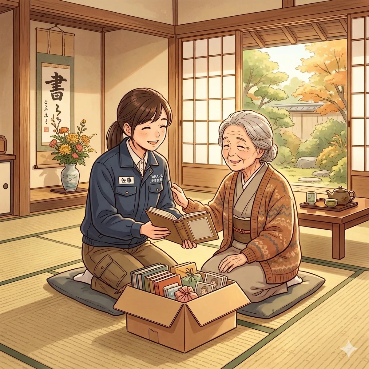 ご遺族と一緒に写真を確認するスタッフ